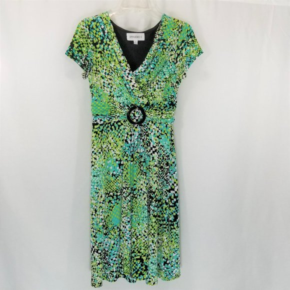 STUDIO1 Dress Women Green Multi Color Short Sleeve V-Neck Waist Detail Size 8 - Picture 2 of 8